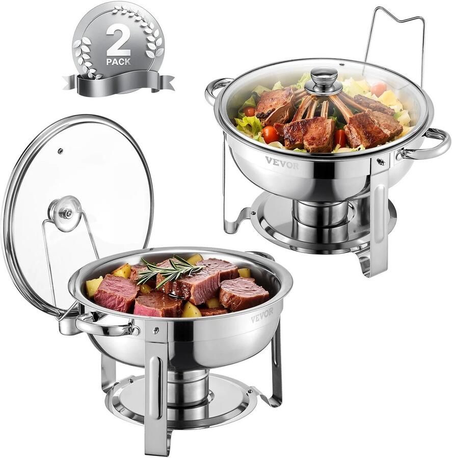 Unbrandedn JAQZY Chafing Dish Buffet Verwarmer Set van 2 Totaal 9.4 L Met Glazen Deksel Inklapbaar Frame Roestvrijstaal Zilver