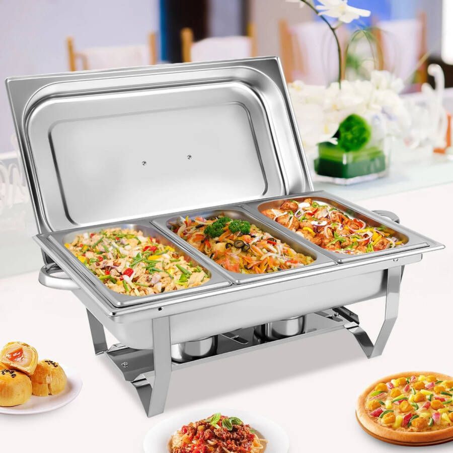 Merkloos 3-Pan Roestvrijstalen Buffet Set Catering Voedselbakken Met Deksel en Opvouwbare Standaard Spiegelafwerking Duurzaam & Eenvoudig Op Te Bergen