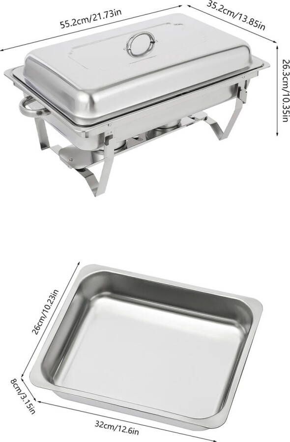 Roestvrijstalen Buffetschaal Met Deksel Voedselwarmer Voor Catering 1 x 9L Voedselbak Verwarmde Opslag voor Buffet Feest & Horeca Inklapbare Standaard Voedselpan Van 410 RVS Rechthoekig Makkelijk Schoon Te Maken