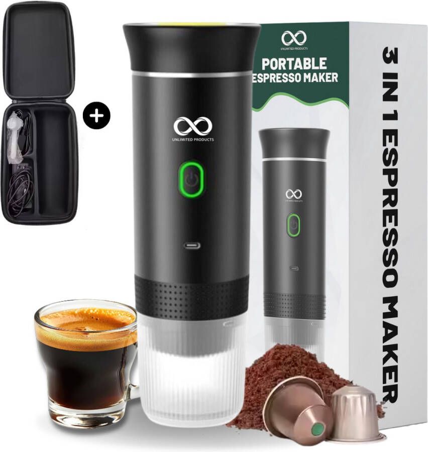 Unlimited Products BrewMate 3-in-1 Draagbare Koffiemachine Met Case – Voor Capsules & Gemalen Koffie – USB-C Oplaadbaar – Draagbare Koffiemachines & Koffiezetapparaat – Nespresso Cups Andere Merken Cups & Gemalen Koffie – 15 Bar Druk – Compact Lichtgewicht- Zwart