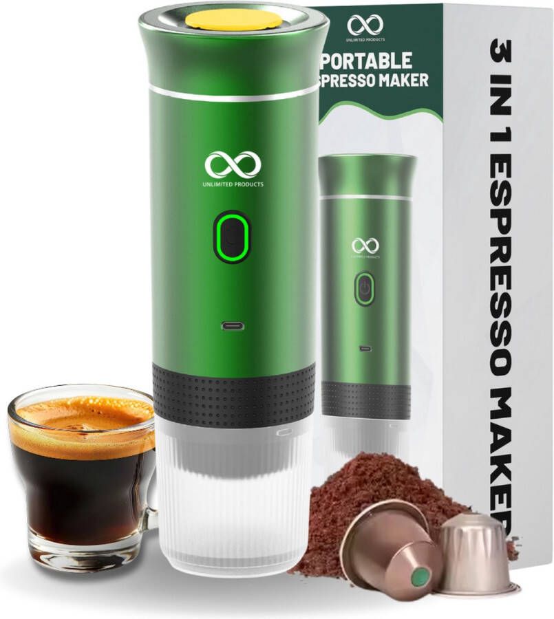 Unlimited Products BrewMate 3-in-1 Draagbare Koffiezetapparaat – Geschikt voor Capsules & Gemalen Koffie – USB-C Oplaadbaar – Draagbare Koffiemachine Voor Gemalen Koffie Nespresso Cups & Alle Andere Merken Cups 15 Bar Druk – Compact & Lichtgewicht – Groen