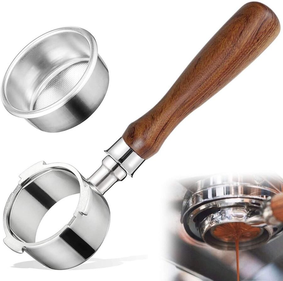 Unyqoos Vloerloze 54 mm filterhouder voor espressomachines met ergonomische houten greep Bruin Staal