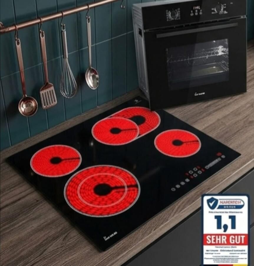 UrbanHomes Inbouw Oven & Kookplaat Set 60 cm – 4-Zones Glaskeramische Kookplaat + 70L Hetelucht Oven met Grill Timer Kinderbeveiliging & A+ Energieklasse – Modern RVS Zwart Design – Urbanhome