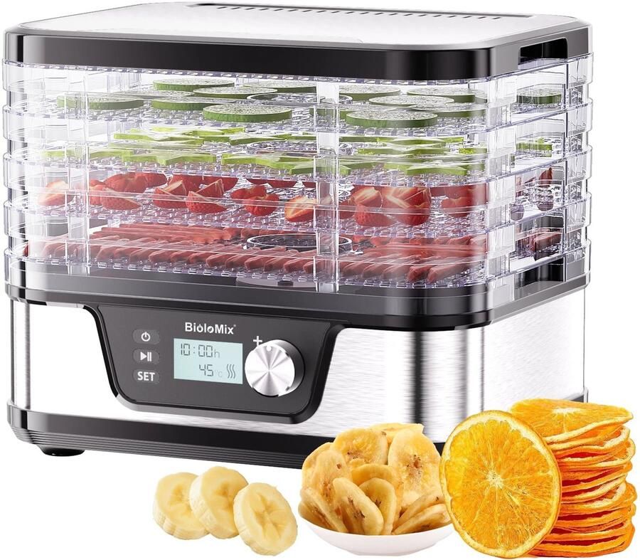 UrbanSelect Voedseldroger 5-laags Dehydrator Max Temp 75°C Timer Tot 24 Uur 360° heteluchtcirculatie 10L Capaciteit