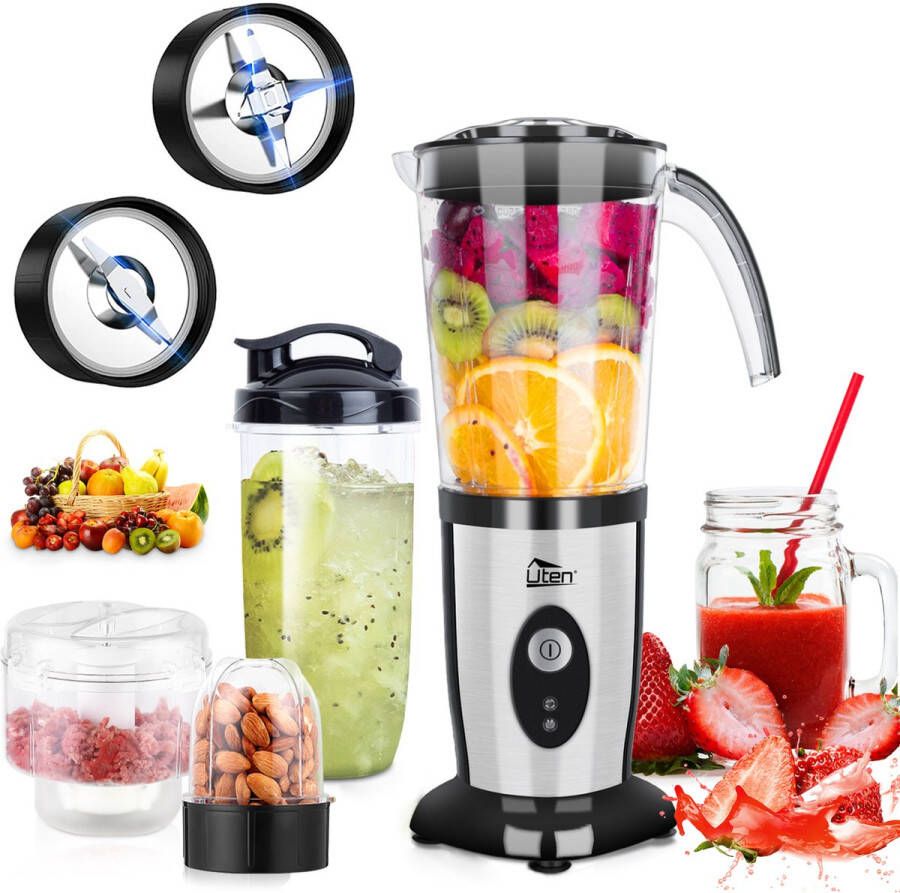 Uten 1.25L Stand Mixer Blender Smoothie Blender Crushers Blender Ice Crushers Mini Blender (voor Shake Smoothie Drankjes van Fruit en Groenten 22000 rpm 220W Roestvaststalen Messen 304 Zilver)