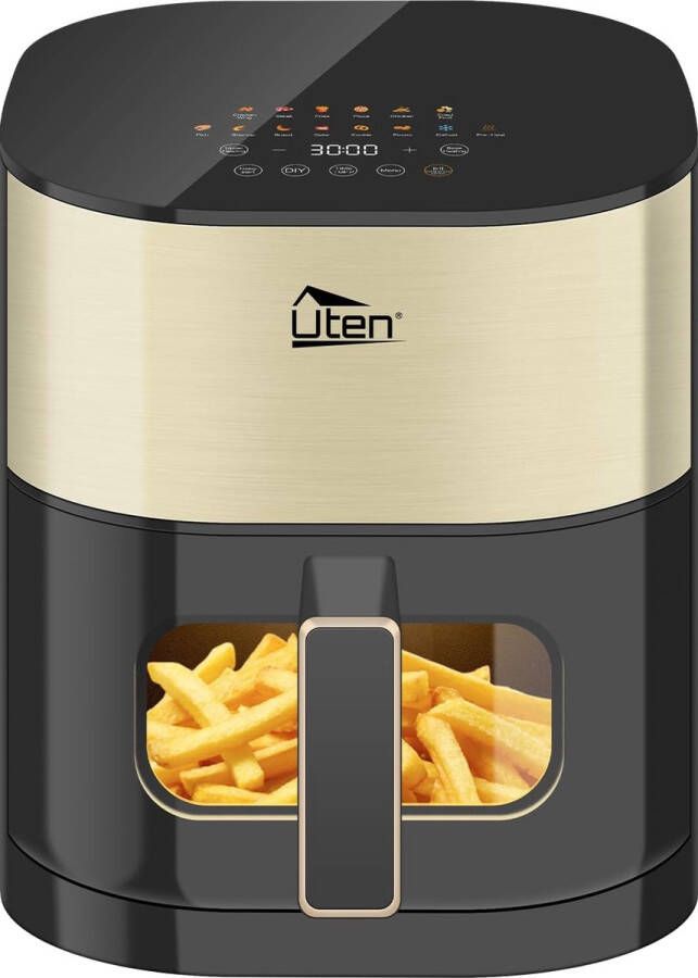 Uten Dual verhittings Airfryer XL 2000W Heteluchtfriteuse Uitgestelde start-technologie 14 kookmodi Touchscreen Venster 40ºC tot 200ºC 5.5Liter Zwart Goud