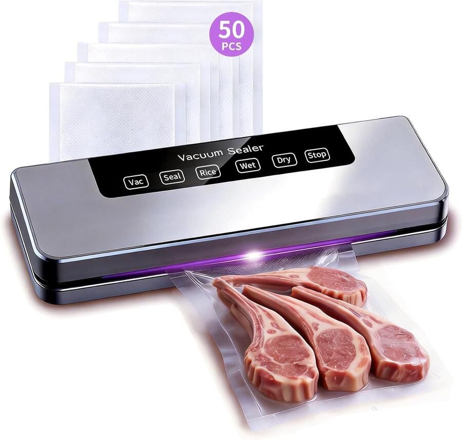 Vacumeermachine Essential- Vacumeermachine Droog & Nat Voedsel Foodsaver Seal Apparaat Vacuüm Sealer incl langdurige bewaring inclusief 50 vacuümzakken Verlengt Versheid van Vlees Groenten & Graan Compact en draagbaar Zwart