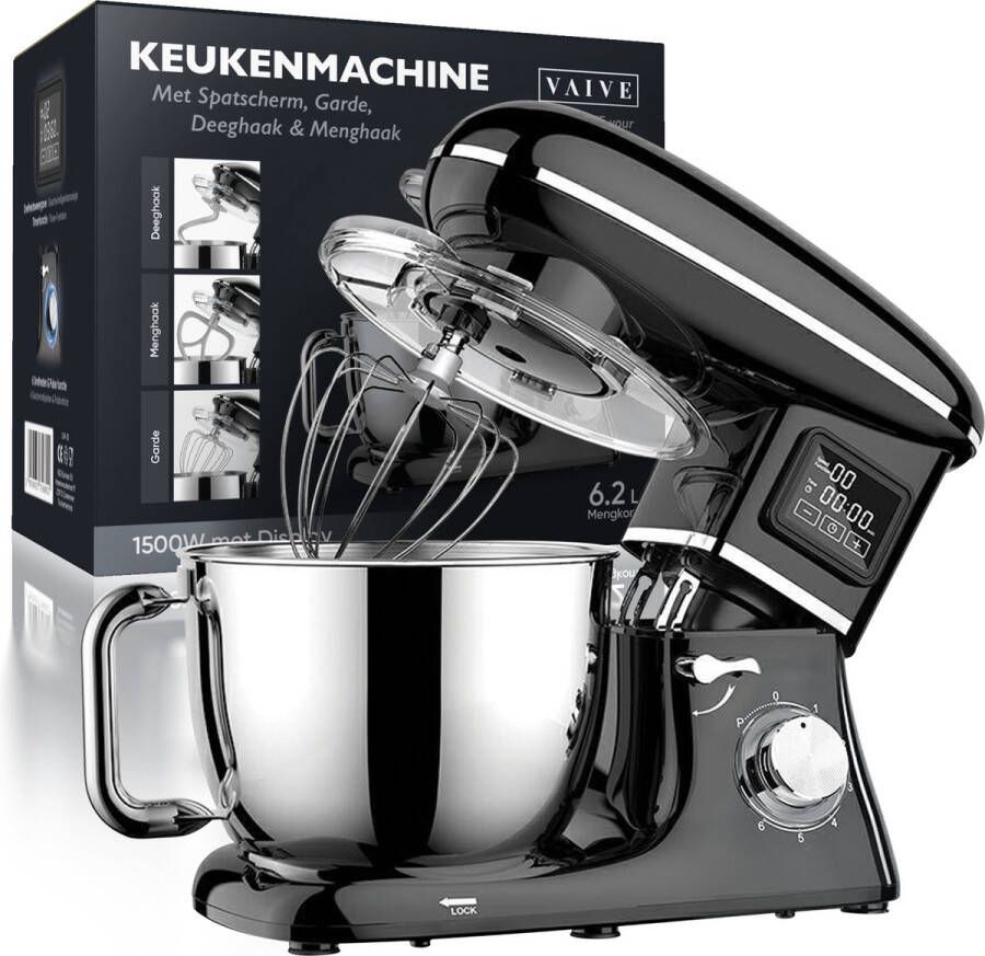 VAIVE Pro Keukenmachine Display en Timer Topklasse Keukenrobot Keukenmixer 6 2L 1500W Zwart