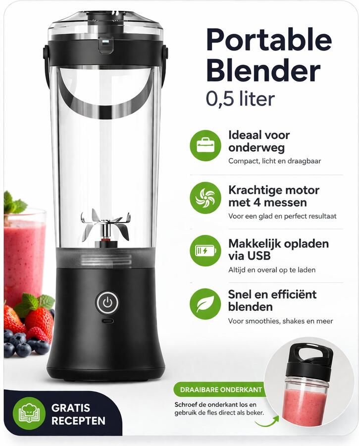Valeron goods. Valeron Goods Draagbare Blender 500ML – Mini Blender To Go – USB Oplaadbaar & Waterproof – Smoothie Maker – Krachtige Portable Blender voor Shakes & Sappen - Foto 2