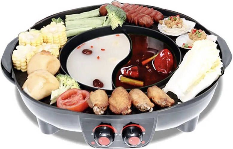 Valora Hotpot Pan Chinese Fondue Korean Barbecue Met Grill 2 in 1 Elektrisch Zwart