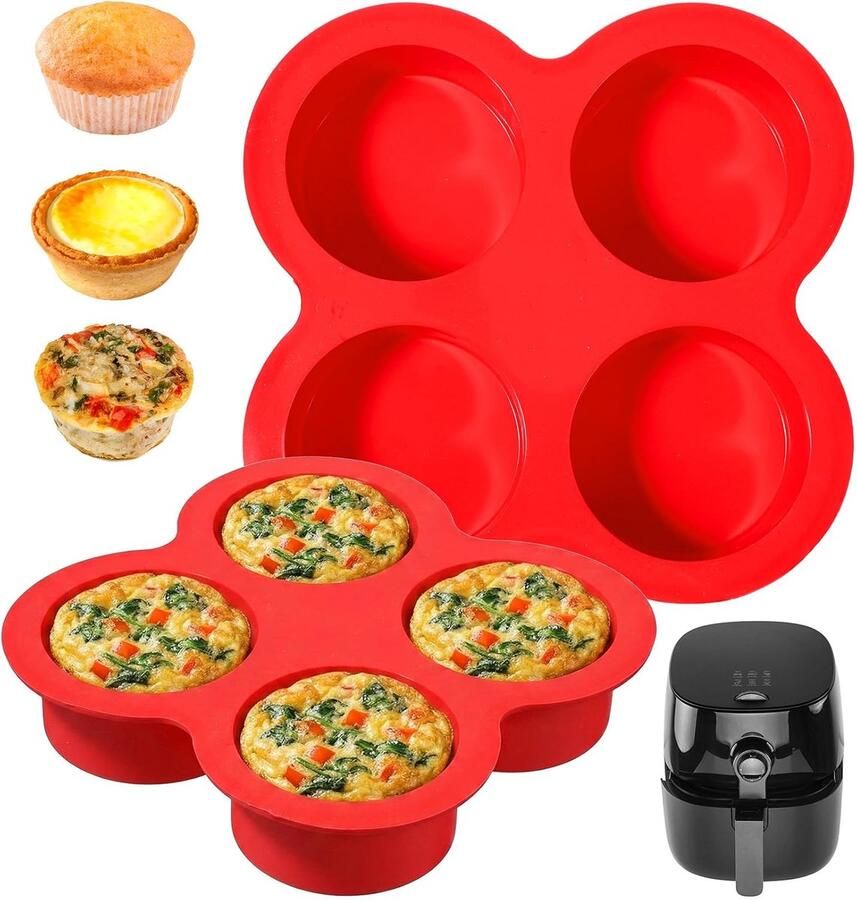 ValueBargain 2 stuks siliconen muffinvormpjes Airfryer 4-gaats siliconen muffinvormpjes Airfryer voor muffins cupcakes en quiches (rood 12 x 8 cm)