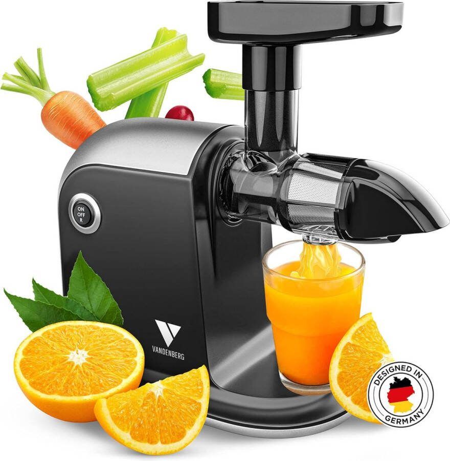 Vandenberg slow juicer Stille sapcentrifuge voor groenten en fruit [150 W]- Vitaminevriendelijke elektrische sapcentrifuge met reverse functie -Inclusief reinigingsborstel [Energieklasse A++]