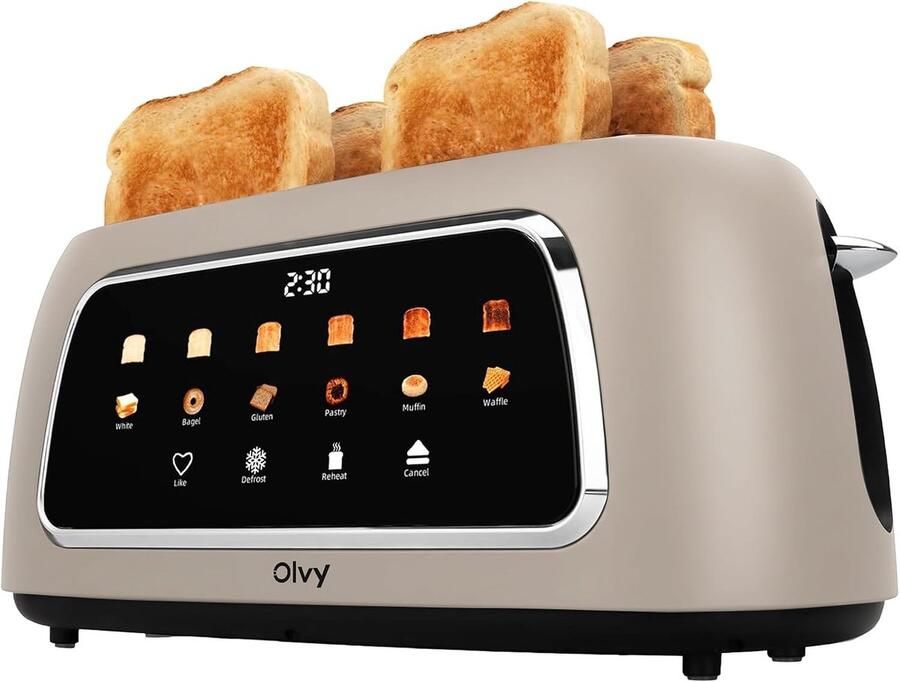 Vellaro Broodrooster met tostiklemmen Beige 4 Slots RVS Broodrooster met LCD Display en Timer Voor Gezin en Ontbijt