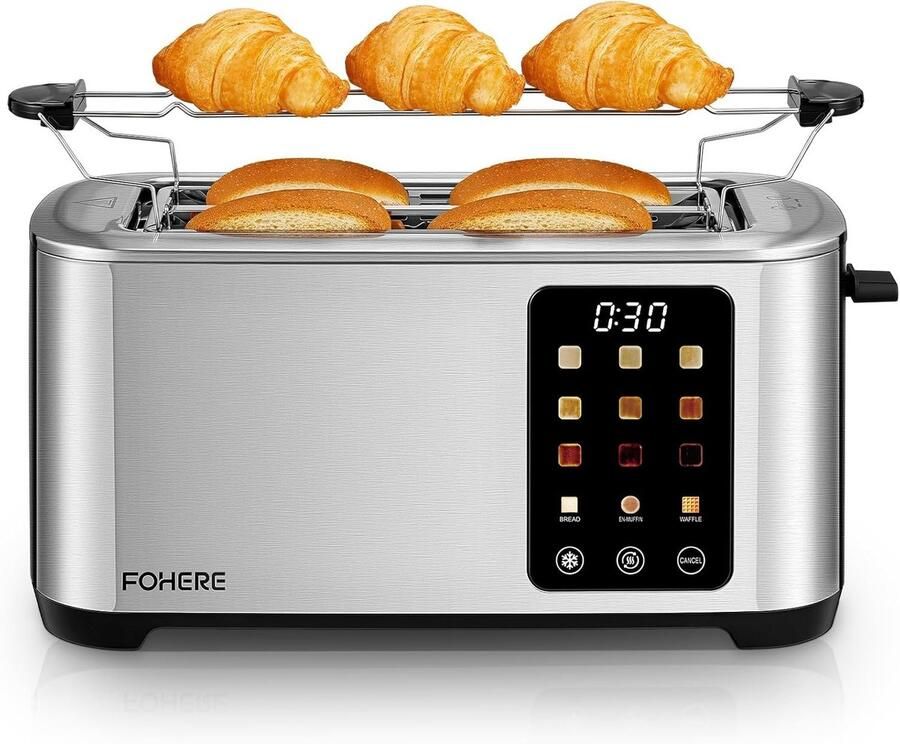 Vellaro Broodrooster met tostiklemmen RVS Roestvrijstaal 4 Sneetjes 1400W Digitale Broodrooster met Touchscreen en 9 Bruiningsniveaus Voor Thuisgebruik