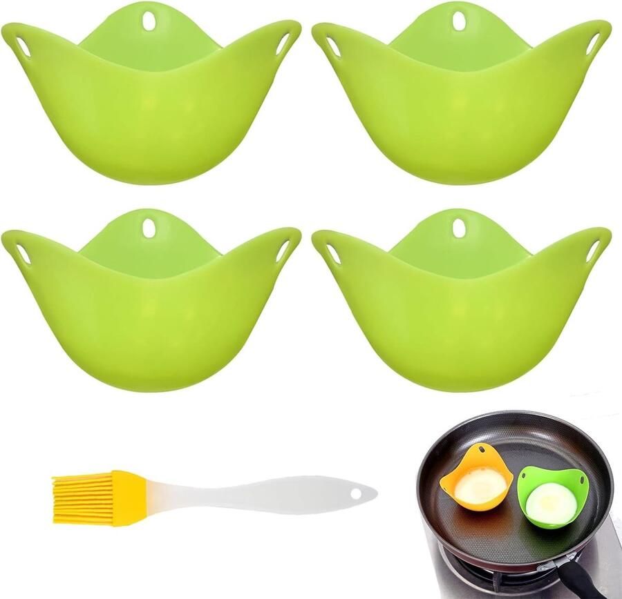 Vellaro Eierkoker Geel Set van 5 Siliconen Cups met Oliekwast Herbruikbare Pocheerhouder voor Airfryer en Magnetron