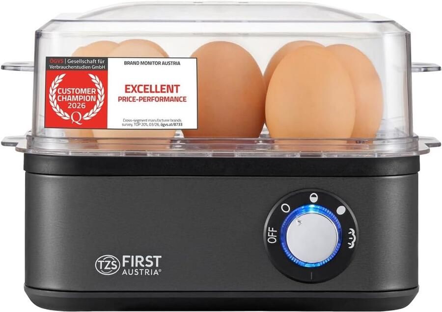Vellaro Eierkoker Grijs 8 eieren Met 4 kookniveaus en stoomfunctie Voor Gezinnen en Gasten