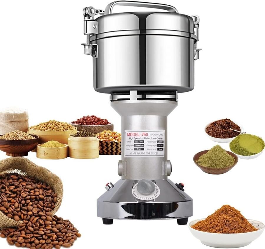 Vellaro Elektrische graanmolen RVS 750g 2000W Motor met 25000 tpm Voor Koken en Kruidenmalen