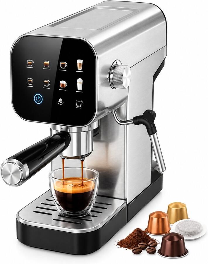 Velmio 4-1 Espressomachine – 20 Bar – Semi-Automatische Koffiemachine – Automatische Melkopschuimer – Dubbel Watersysteem – Cold Brew – 4-in-1 Portafilter – Cappuccino Latte & Heet Water – Wit