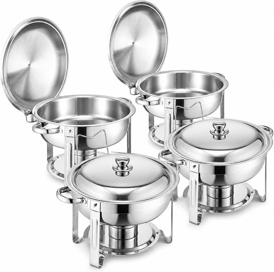 Velmio Buffetwarmer Set Voedsel Warmhoudbakken 4 Pack Chafing dish Buffetbak Excl Brandstof Roestvrijstaal Zilver
