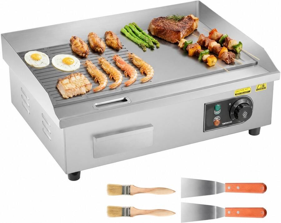 Velmio Elektrische Grill Bakplaat 22 Inch Half grill Teppanyaki Bakplaat Grillplaat Elektrische Grill apparaat RVS 1600 W 3200 W 50℃ tot 300℃ Voor Professioneel en Thuisgebruik Inclusief 2 Spatels & Kwastjes