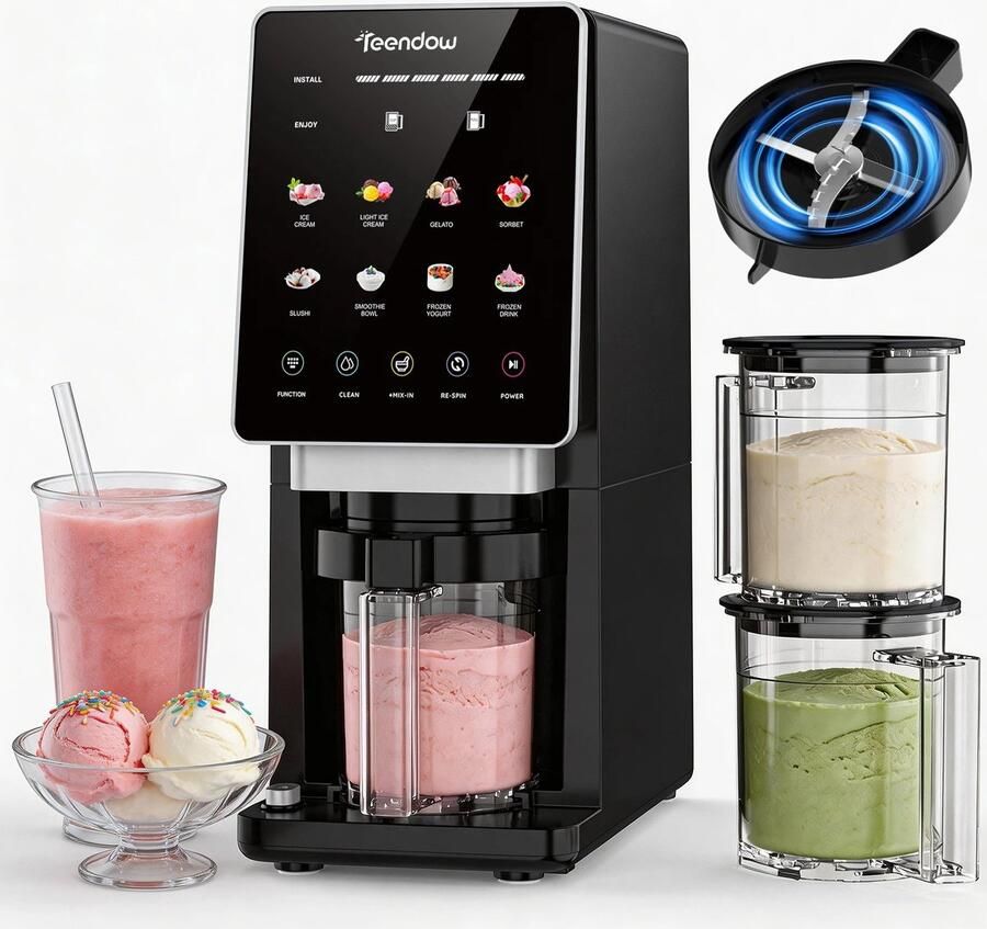 Velmio IJsmachine 10-in-1 Inclusief 3 EasyCups met Deksels Voor Roomijs Milkshake Smoothie Bowl Slush & Meer BPA-vrij Zwart