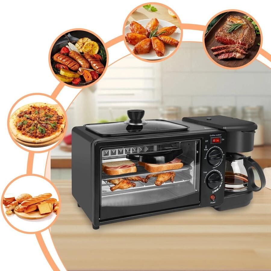 Velmio Ontbijtstation 3-in-1 Ontbijtmaker Koffiezetapparaat 9L Oven & Koekenpan voor Filter Koffie Compact Design Keukenmachine 1050W Zwart