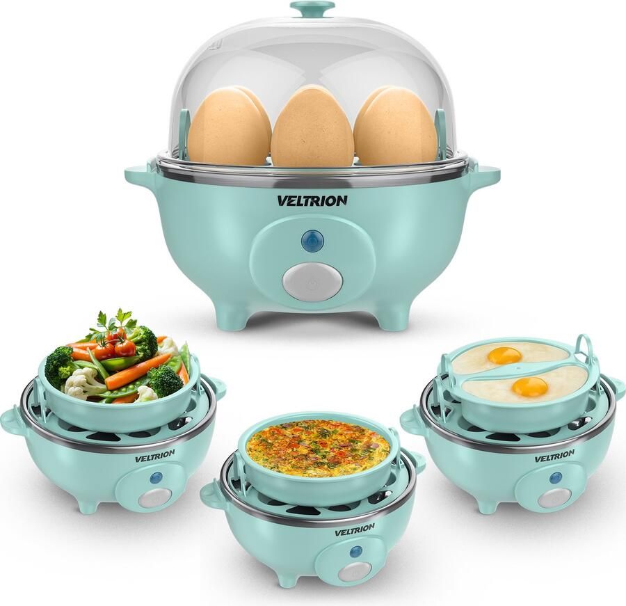 VELTRION Elektrische Eierkoker Kook tot 7 Eieren Koken Pocheren Roerei & Omelet Incl. Timer en Slimme Maatbeker Vaatwasserbestendig Blauw