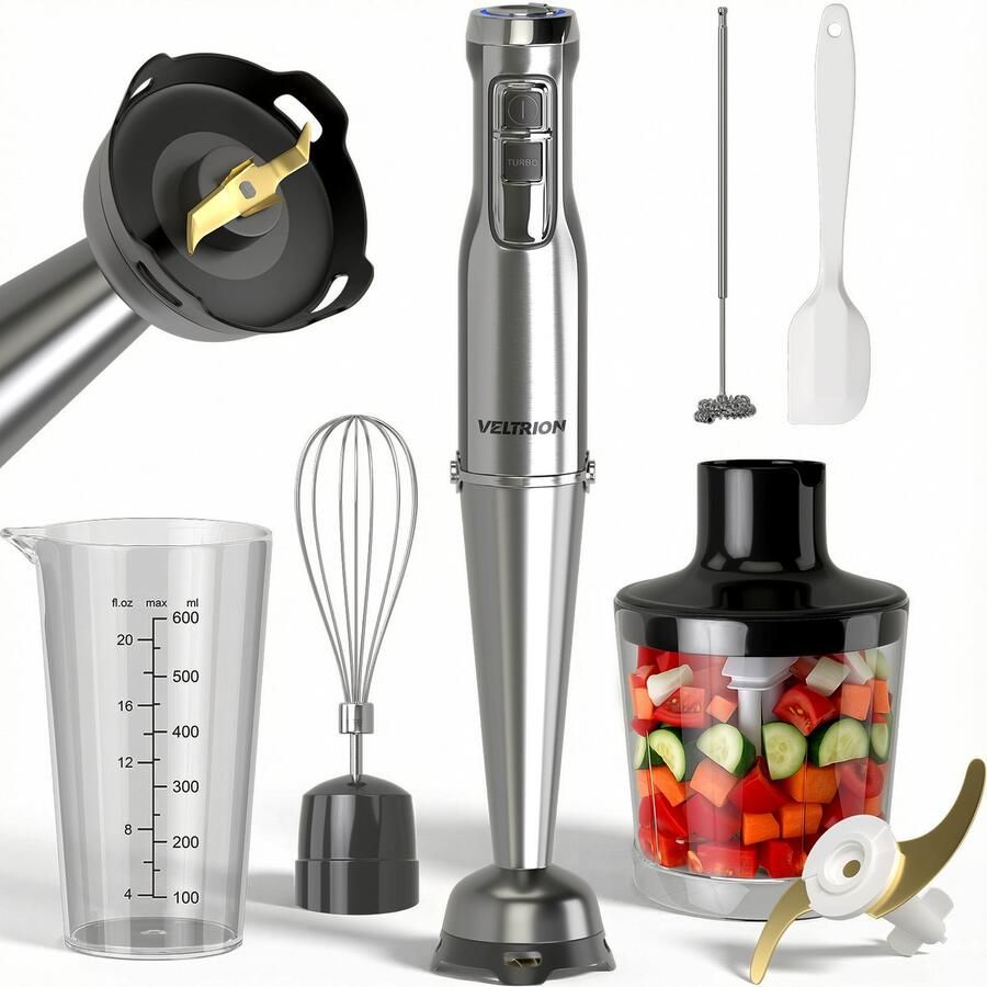 VELTRION Staafmixer S1 PRO 6-in-1 set Titanium Messen Inclusief Spatel hakmolen garde melkopschuimer & Maatbeker Krachtig & Vaatwasserbestendig Turbofunctie 1100W PFAS-vrij