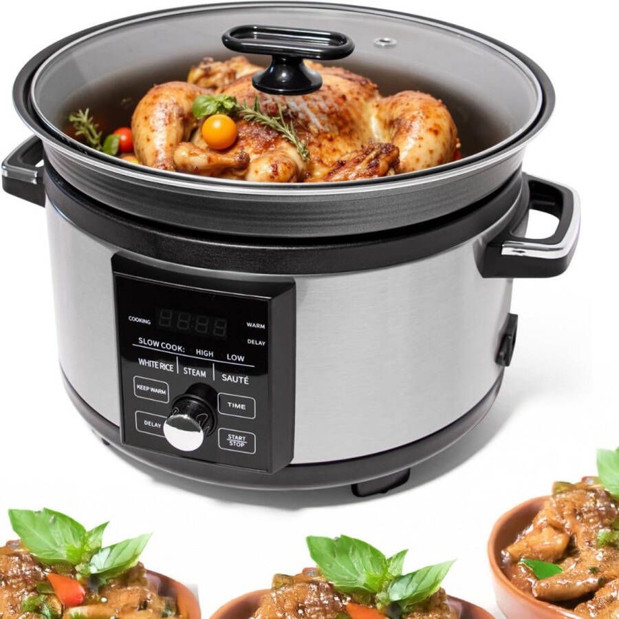 Veltro Slowcooker met Timer Keramische Binnenpan Hotpot Zilver
