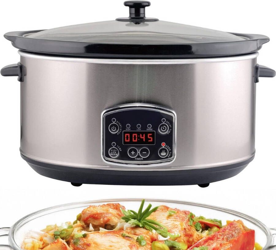 Veltro Slowcooker met Timer Keramische Binnenpan Hotpot Zilver