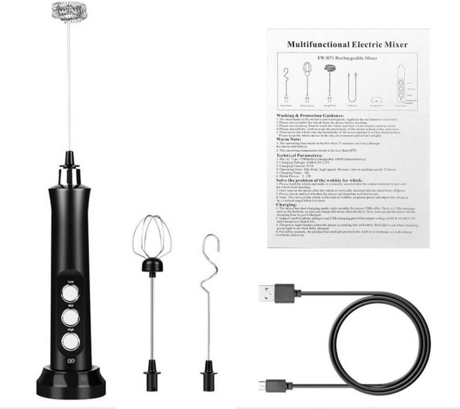 3-in-1 Draadloze Elektrische Melkopschuimer USB-oplaadbare Handmatige Opschuimer Schuimmaker Geschikt Voor Lattes Cappuccino's Warme Chocolademelk Koffiekloppen En Het Mixen Van Dranken-Zwart