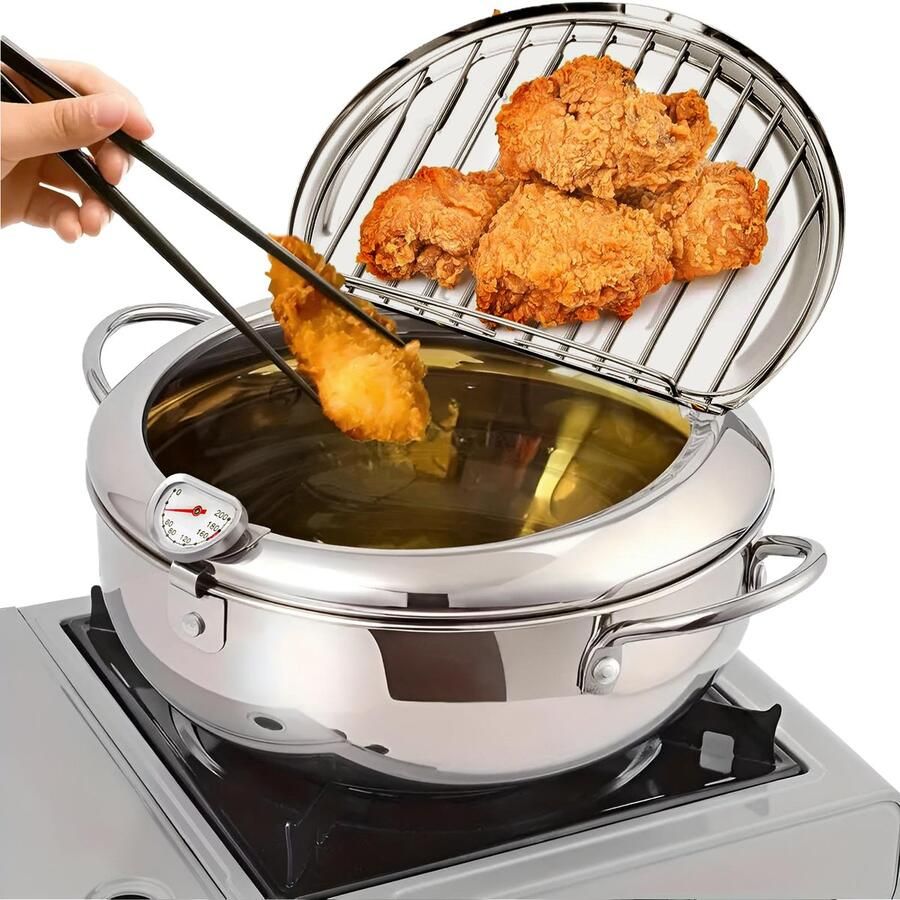 Venkuber RVS Frituurpan met Temperatuurmeter 3.2L Capaciteit voor Perfect Frituren Inclusief Druiprek en Deksel Geschikt voor Tempura en Gefrituurde Snacks
