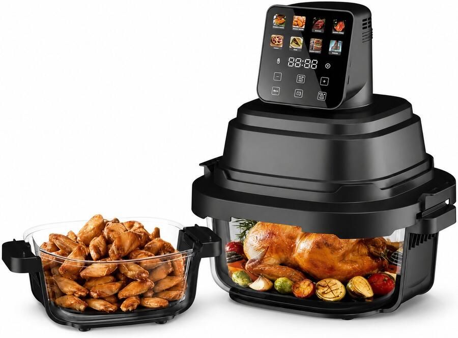 JustCook Glazen Airfryer – Heteluchtfriteuse – 2 Schalen van 1 5 en 4 Liter – 1500W – Instelbare Temperatuur en Timer – Zwart