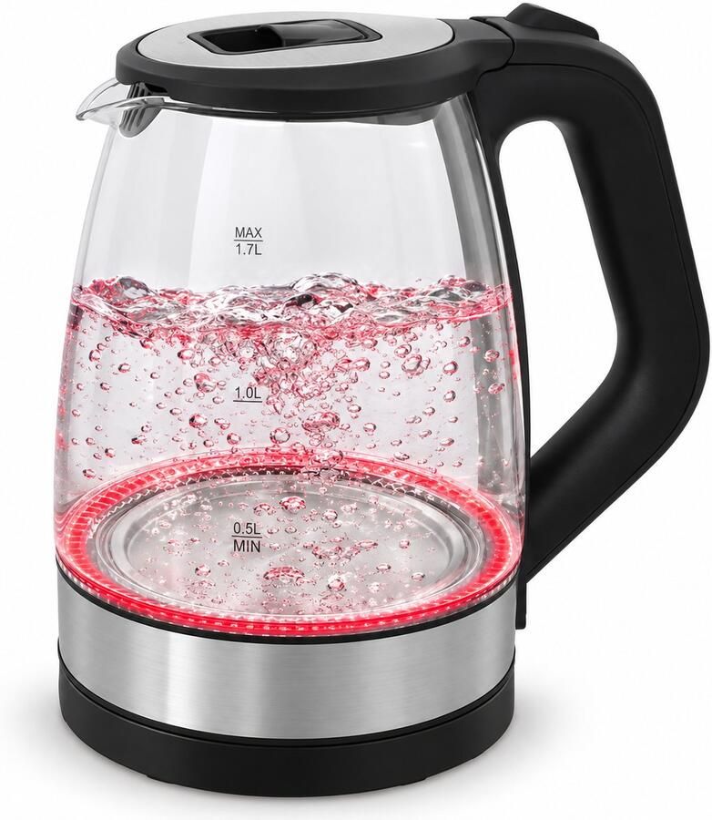 JustCook Glazen Waterkoker 1 7 Liter – 2200W – Rode Ledverlichting – Automatische Uitschakeling – Droogkookbeveiliging – Zwart RVS