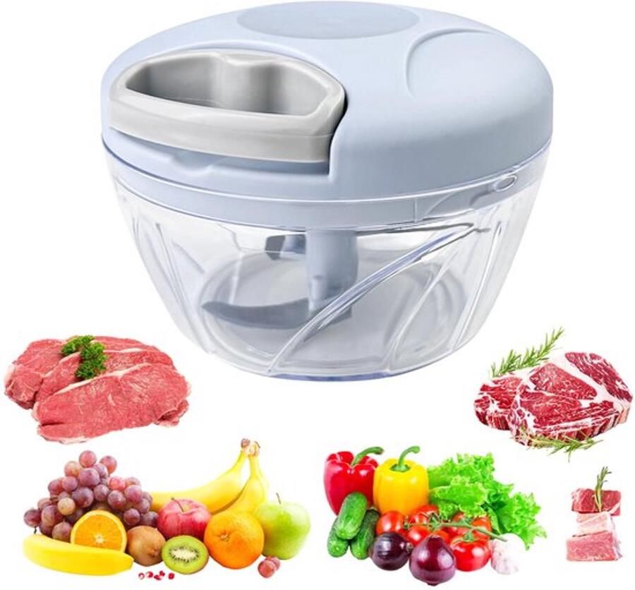 Verhakmolen met koord 500 ml groentesnijder met trekstang mini-hakmolen met 3 roestvrijstalen messen handmatige hakmolen voor keuken mixer uiensnijder blauw