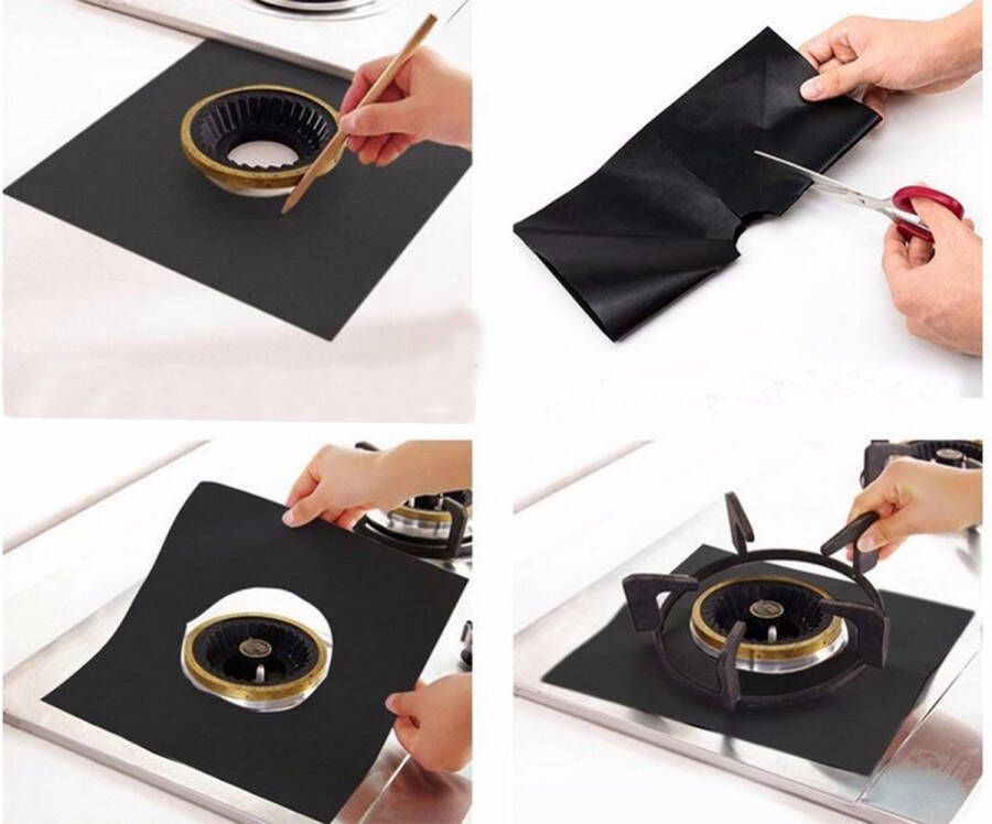 4x Gasfornuis beschermers Beschermfolie Bescherming Afdekken zwart 27x27cm