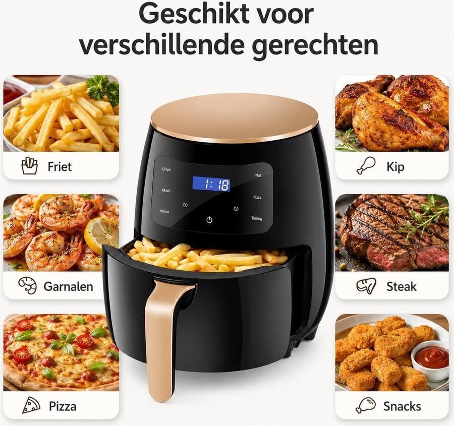 VERON VR-1010 Airfryer – 1400W – 4.5 Liter Binnenmand 5.5Liter Buitenpan – Digitale Touchscreen – Zwart Goud