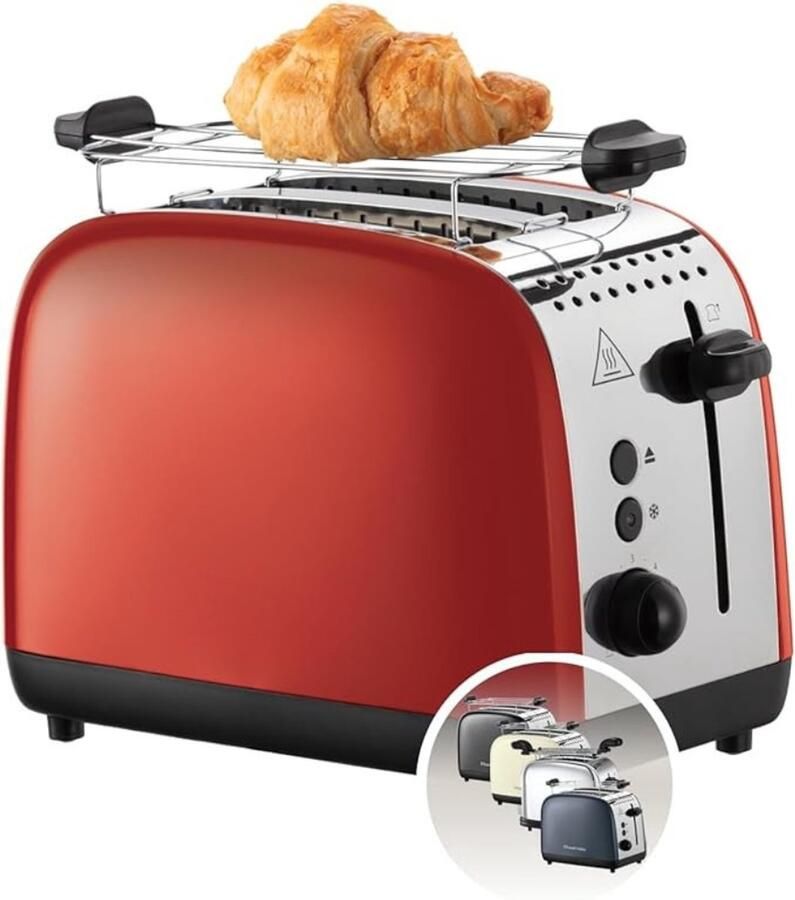 Verte Broodrooster met Tostiklemmen Broodrooster Roestvrij Staal Rood Extra Brede Broodgleuven Incl. Warmhoudrooster 6 Bruiningsstanden Ontdooifunctie Lift & Look