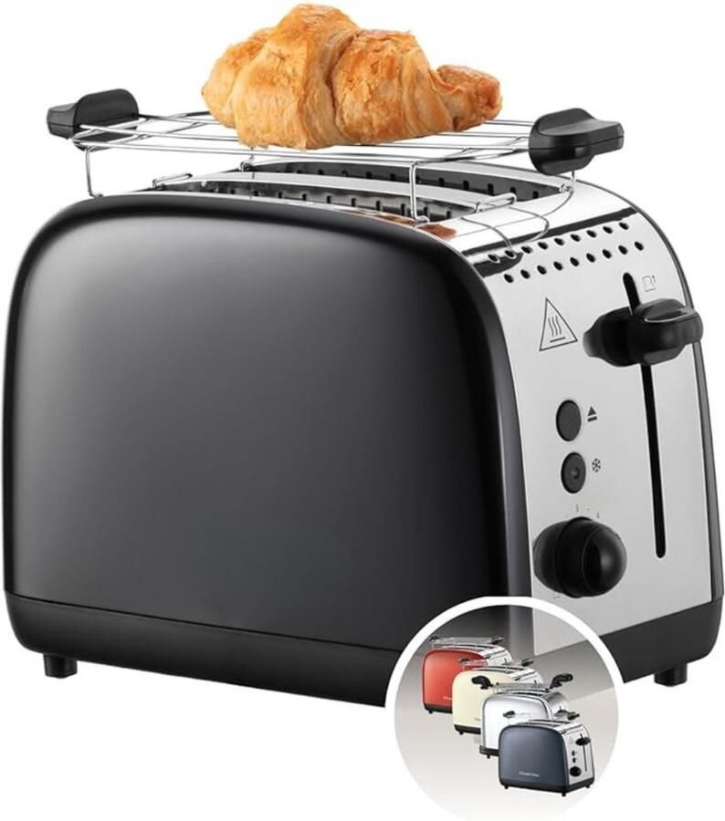 Verte Broodrooster met Tostiklemmen Broodrooster Roestvrij Staal Zwart Extra Brede Broodgleuven Incl. Warmhoudrooster 6 Bruiningsstanden Ontdooifunctie Lift & Look