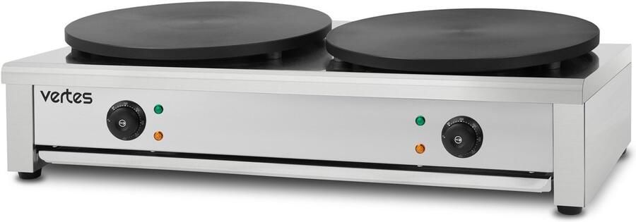 Vertes Crêpesmaker Dubbele crêpesmaker Elektrisch van roestvrij staal met 2x 40 cm plaat 2x 3000 W antiaanbaklaag temperatuur traploos regelbaar van 50-300 °C Gastro Profi incl. houten verdeelmes
