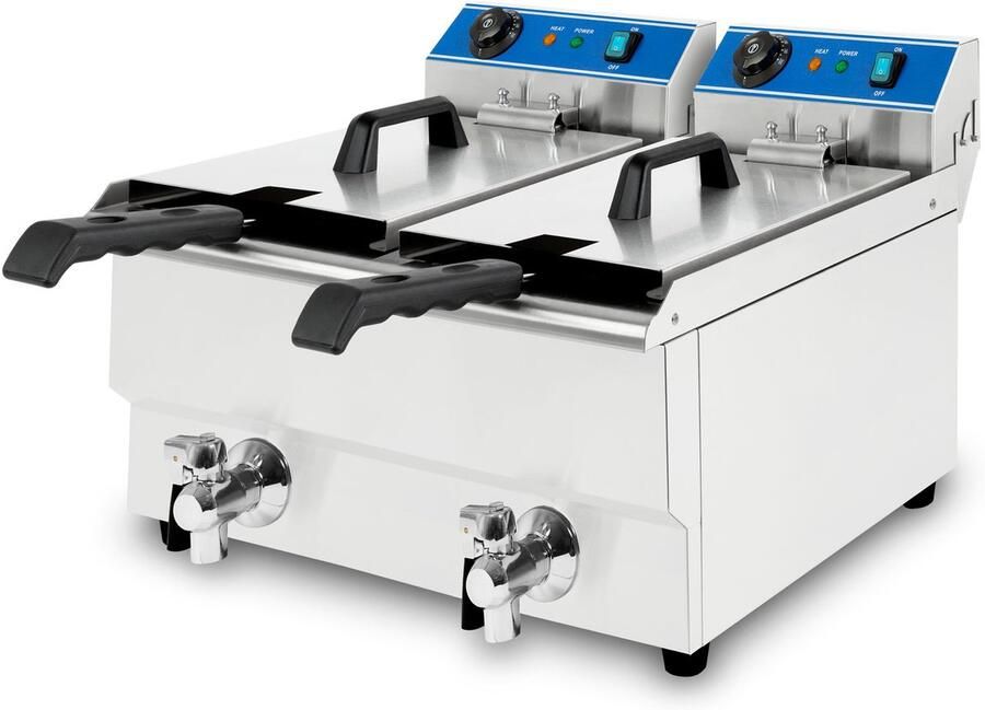 Vertes Dubbel Friteuse van roestvrij staal 2x 16 liter inhoud 60-200 °C 2x 3000 W 2x 230 V koudzoneprincipe professionele gastronomiefriteuse met aftapkraan eenvoudig te reinigen gastronomiefriteuse