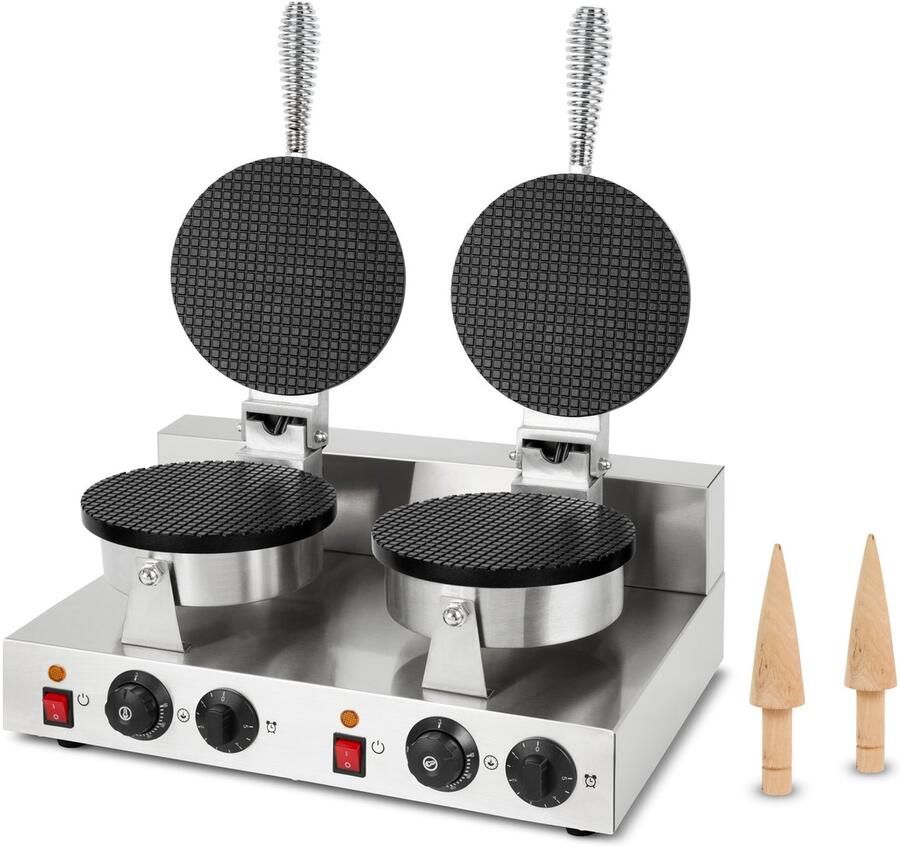 Vertes Dubbel Wafelijzer IJshoorntjesmaker 48 stuks per uur Conisch Instelbare temperatuur 0-300°C Timer Teflon-coating Gietijzeren hoorntjesmaker met roestvrijstalen behuizing 2000 W