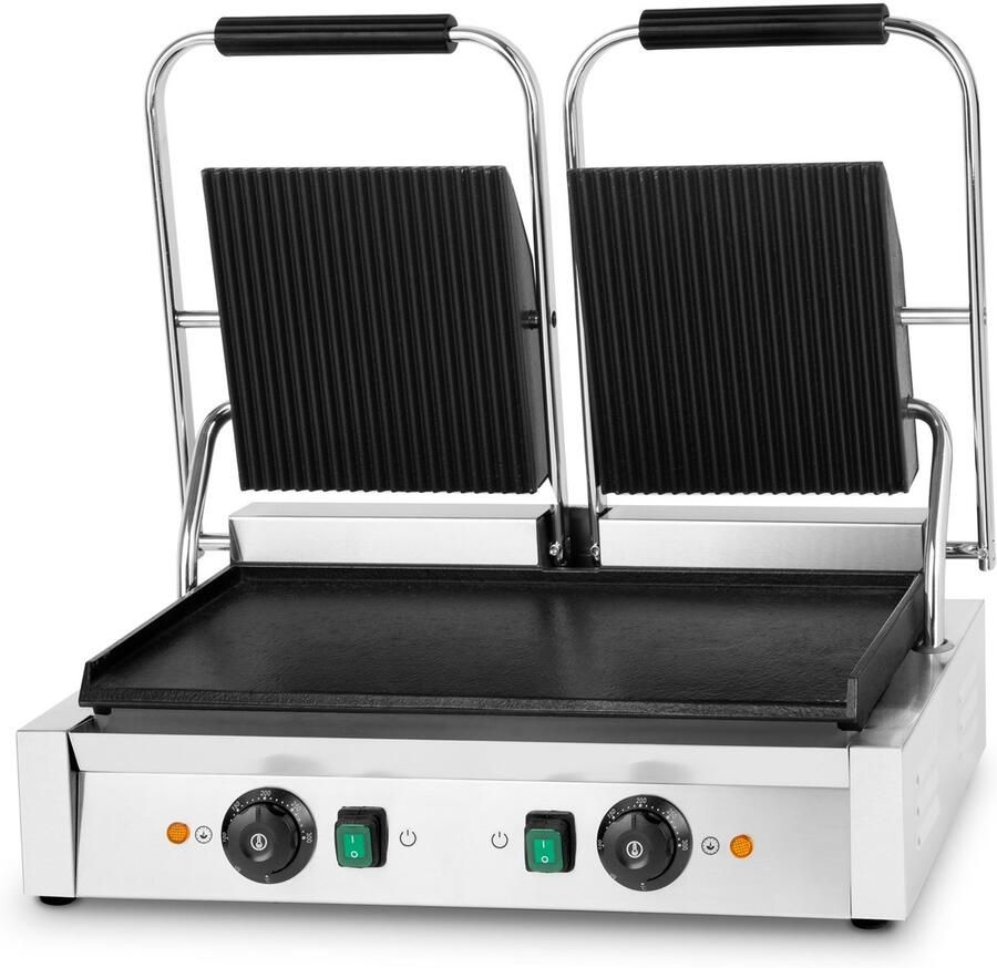 Vertes Dubbele Contact Grill Gietijzeren Grillplaat (Gegrilde Bovenkant Platte Onderkant) 3600 W Commerciële Multigrill voor Flatbread Vlees Groenten Sandwiches Roestvrijstalen Behuizing Instelbaar 0-300 °C Teflon Coating