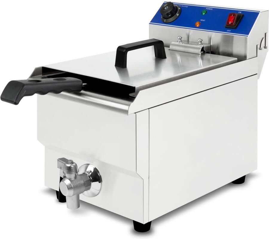 Vertes Friteuse Frituurpan Roestvrij staal 10 l (3000 W 230 V koudzoneprincipe traploos instelbare temperatuur 50-250 °C aftapkraan frituurmand resetknop gebruik met olie en vloeibaar vet)