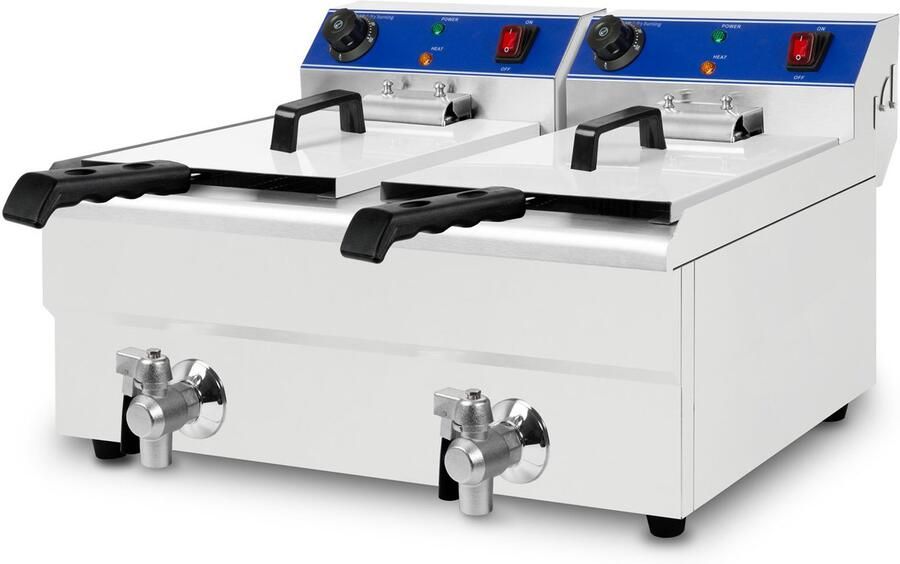 Vertes Friteuse Frituurpan Roestvrij staal 2x 10L (2x 3000W 230V koudzoneprincipe temperatuur traploos regelbaar 50-250°C aftapkraan 2 frituurmandjes werkt met olie en vloeibaar vet)