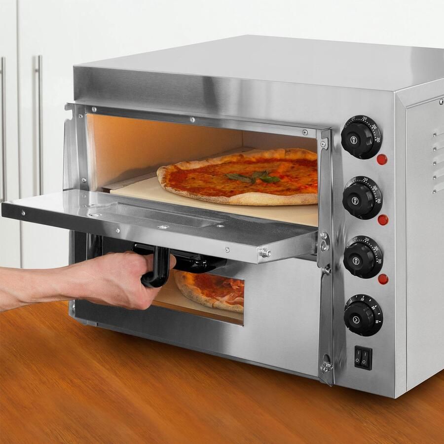 Vertes Gastro-pizzaoven met dubbele ovenruimte vuurvaste steen 3000 W timerfunctie en verlichting professionele steenoven met roestvrijstalen behuizing tot 350 °C dubbel
