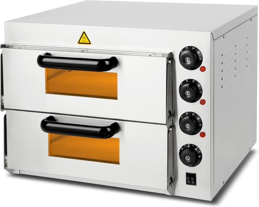 Vertes Gastro-pizzaoven met dubbele ovenruimte vuurvaste steen 3000 W timerfunctie en verlichting professionele steenoven met roestvrijstalen behuizing tot 350 °C dubbel