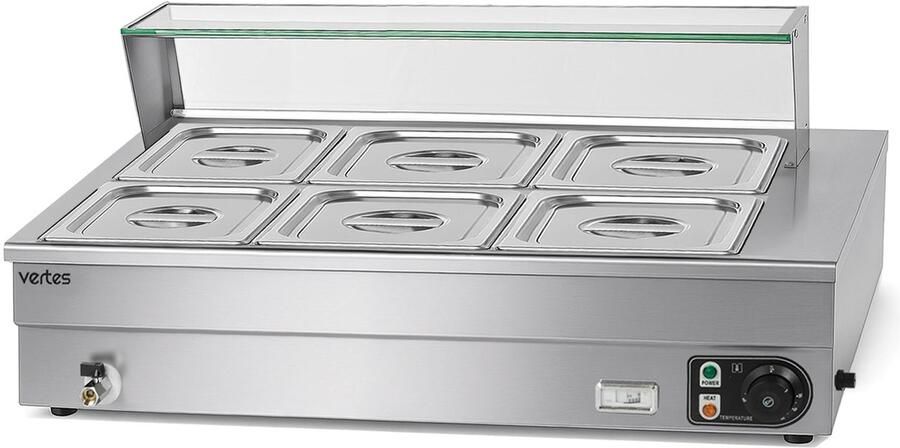 Vertes Gerechtenverwarmer Buffetverwarmer Warmhoudbak voor gerechten Elektrisch 1500 W van roestvrij staal (incl. 6 x 1 2 GN-bakken met deksel 10 l aftapkraan glazen afdekking bain-marie 30-85 °C)