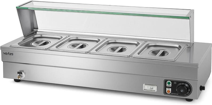 Vertes Gerechtenverwarmer Buffetverwarmer Warmhoudbak voor gerechten Elektrisch 1500 W van roestvrij staal (incl. 4 x 1 2 GN-bakken met deksel 10 l aftapkraan glazen afdekking bain-marie 30-85 °C)