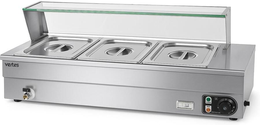 Vertes Gerechtenverwarmer Buffetverwarmer Warmhoudbak voor gerechten Elektrisch 1500 W van roestvrij staal (incl. 3 x 1 2 GN-bakken met deksel 10 l aftapkraan glazen afdekking bain-marie 30-85 °C)
